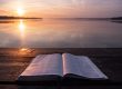 book on top of table and body of water